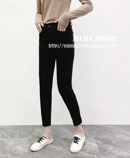 韩MINIBRAND纯黑色松紧腰毛圈绒显瘦中腰提臀小脚/铅笔牛仔裤