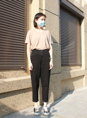 MINIBRAND新款黑色软薄松紧腰高腰显瘦跨裤宽松老爹牛仔裤