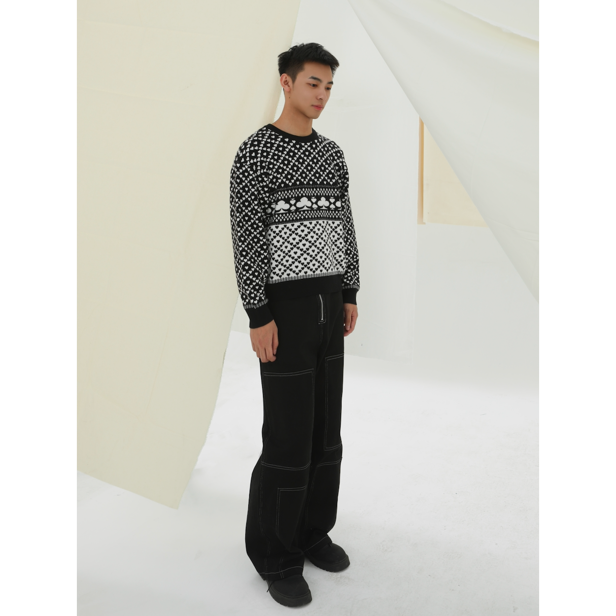 美式复古格纹提花圆领针织衫