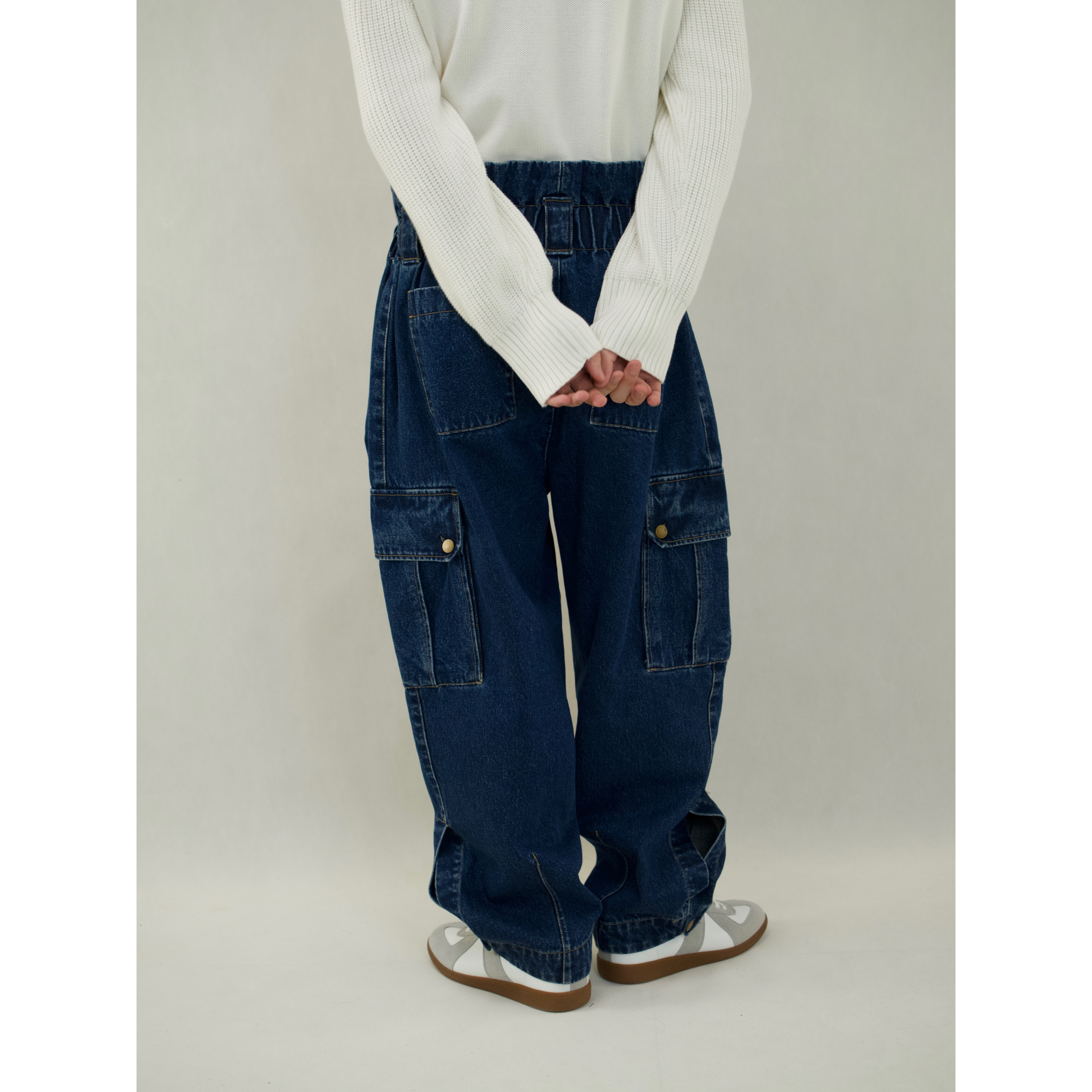 YOWSAH 前片叠层高腰多口袋宽松重磅丹宁阔腿牛仔长裤 深牛仔蓝