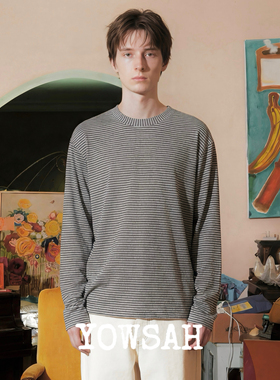 YOWSAH LEISURE 抓绒羊毛混纺条纹长袖T恤上衣 灰色条纹 男女同款