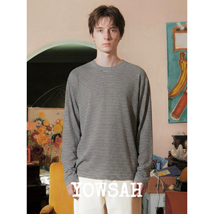 YOWSAH LEISURE 抓绒羊毛混纺条纹长袖T恤上衣 灰色条纹 男女同款