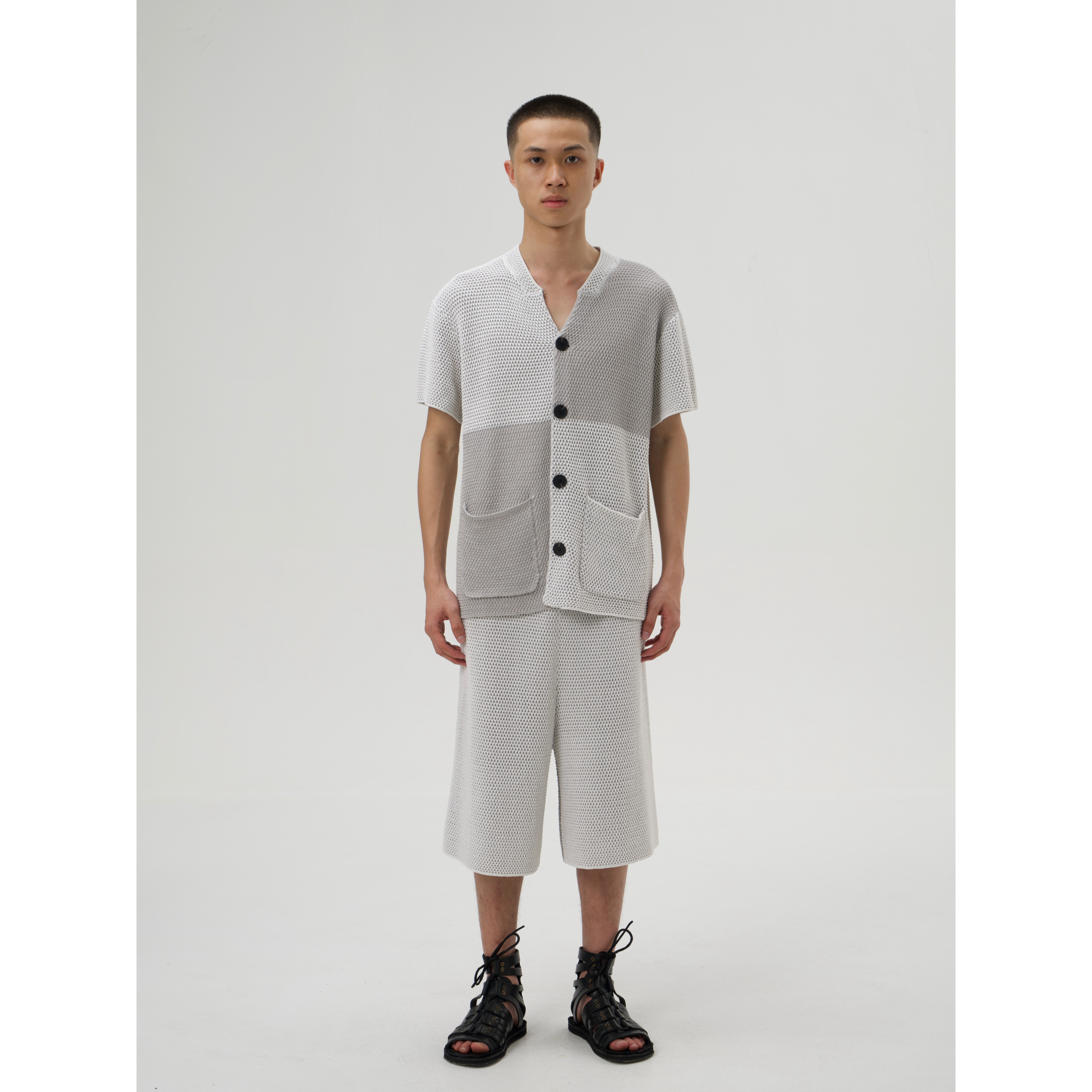 针织YOWSAH亚麻拼色男女同款V领