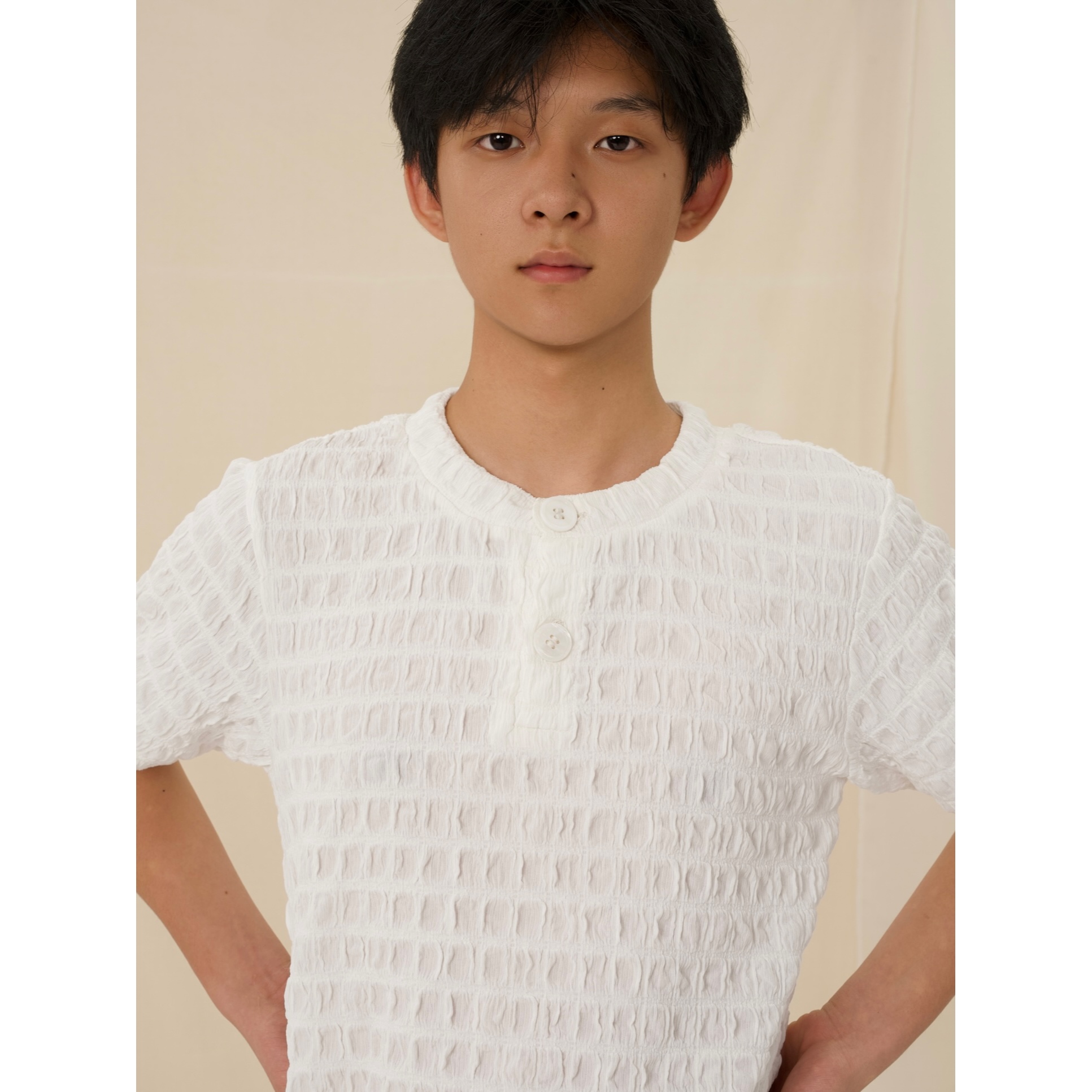 YOWSAH 棉混纺矩形泡泡提花短袖上衣