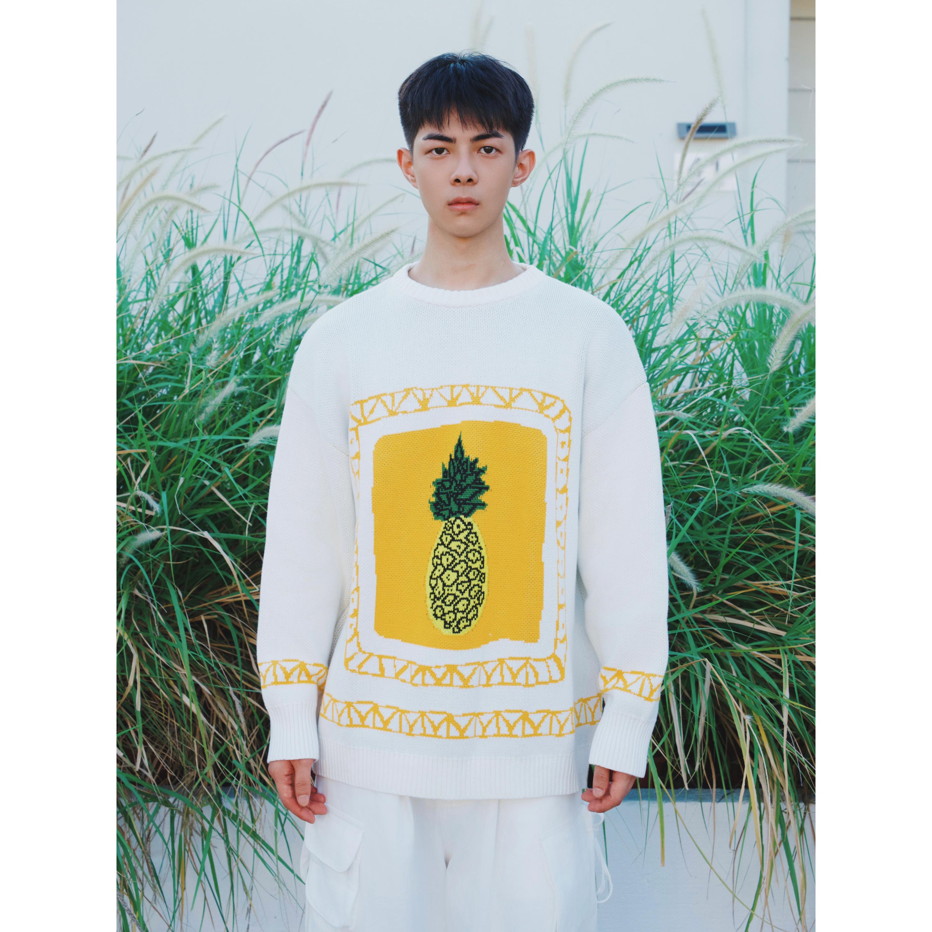 YOWSAH 复古菠萝提花进口羊毛混纺圆领套头针织毛衣男女同款