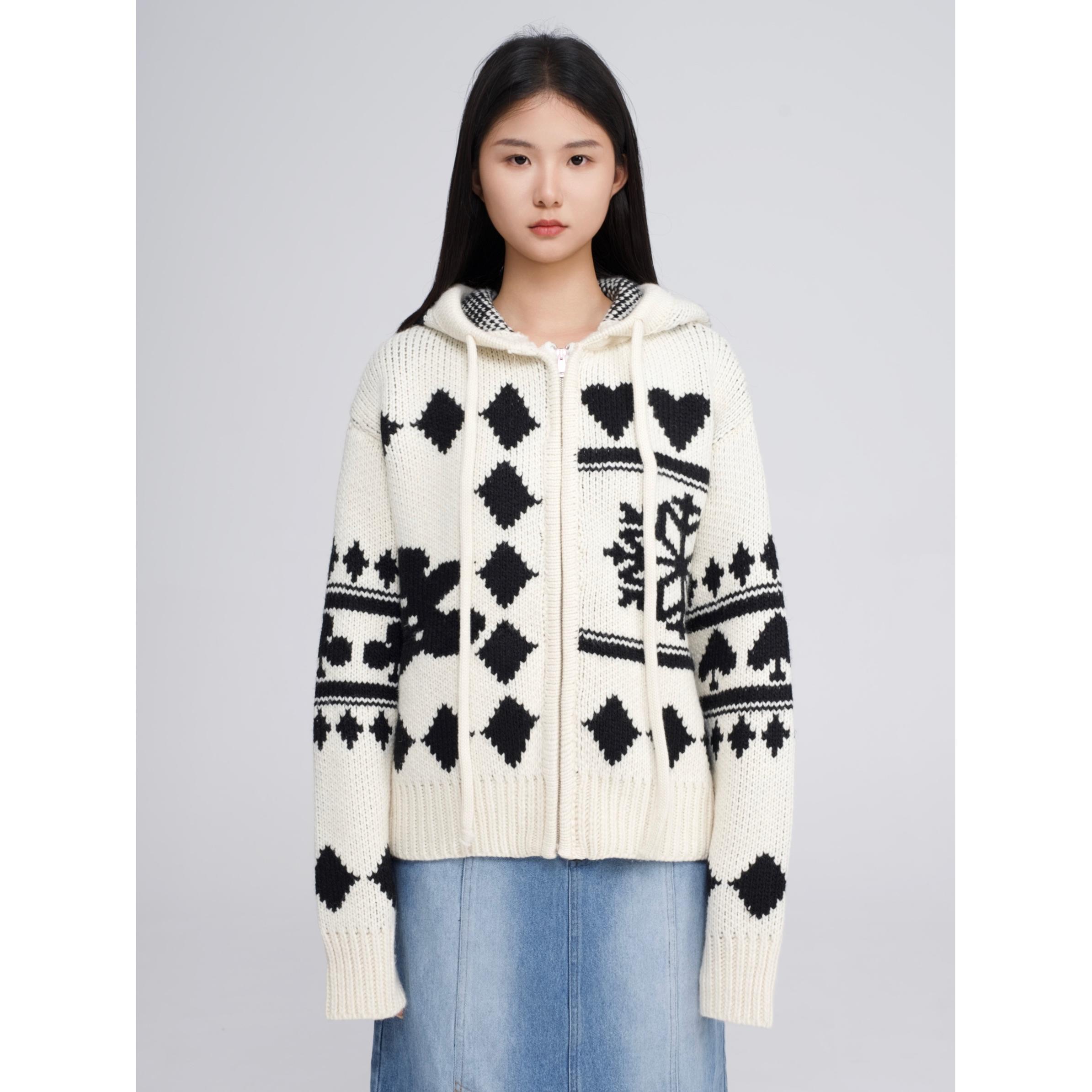 YOWSAH 扑克雪花提花针织毛衣开衫连帽厚外套男女