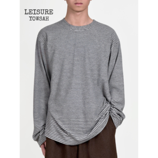 YOWSAH LEISURE 抓绒羊毛混纺条纹长袖T恤上衣 灰色条纹 男女同款