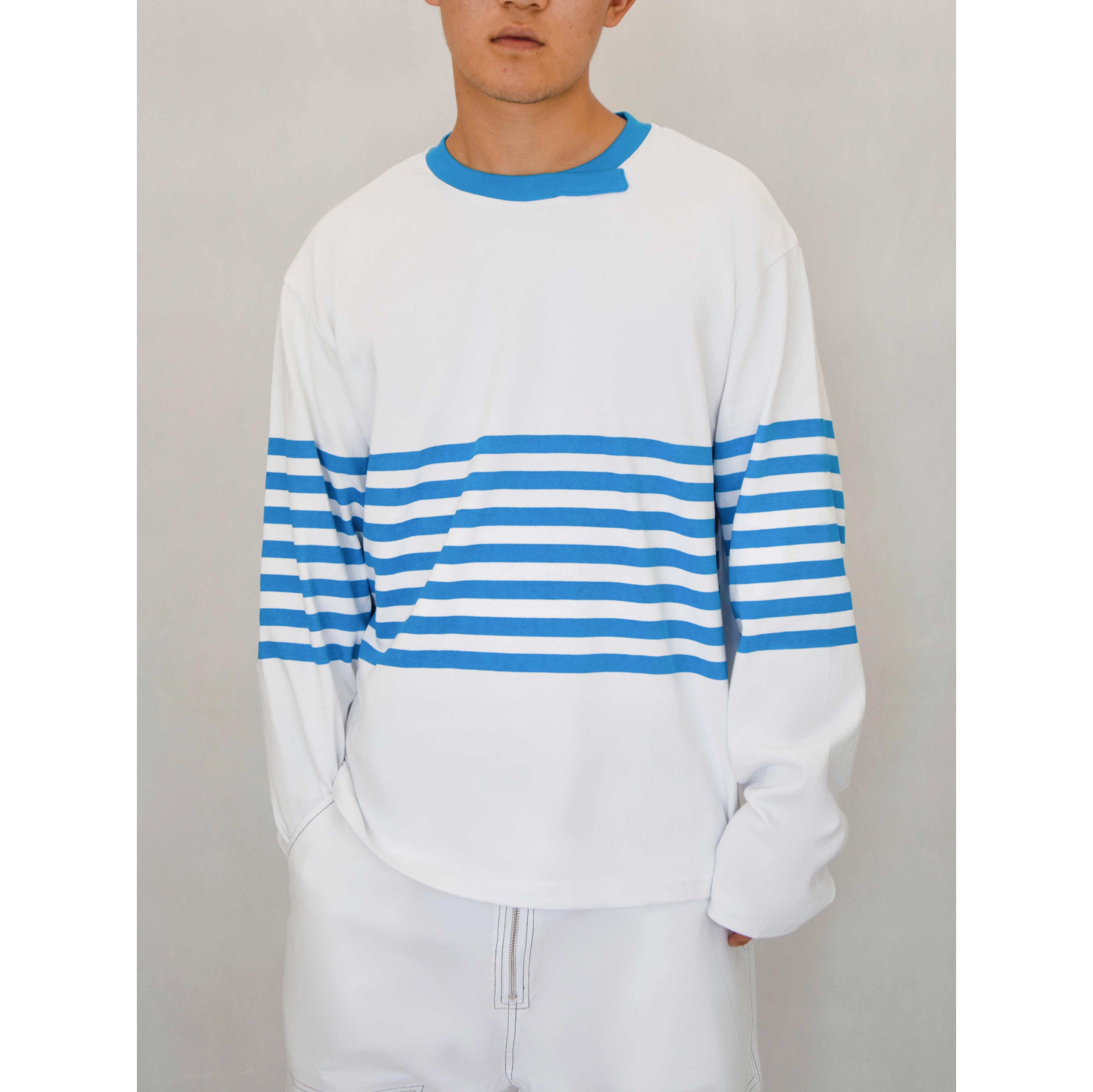 YOWSAH  有机针织全棉亲肤透气蓝条纹错位领长袖白T恤