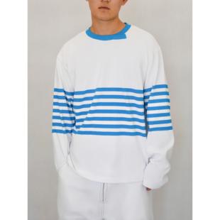 YOWSAH  有机针织全棉亲肤透气蓝条纹错位领长袖白T恤