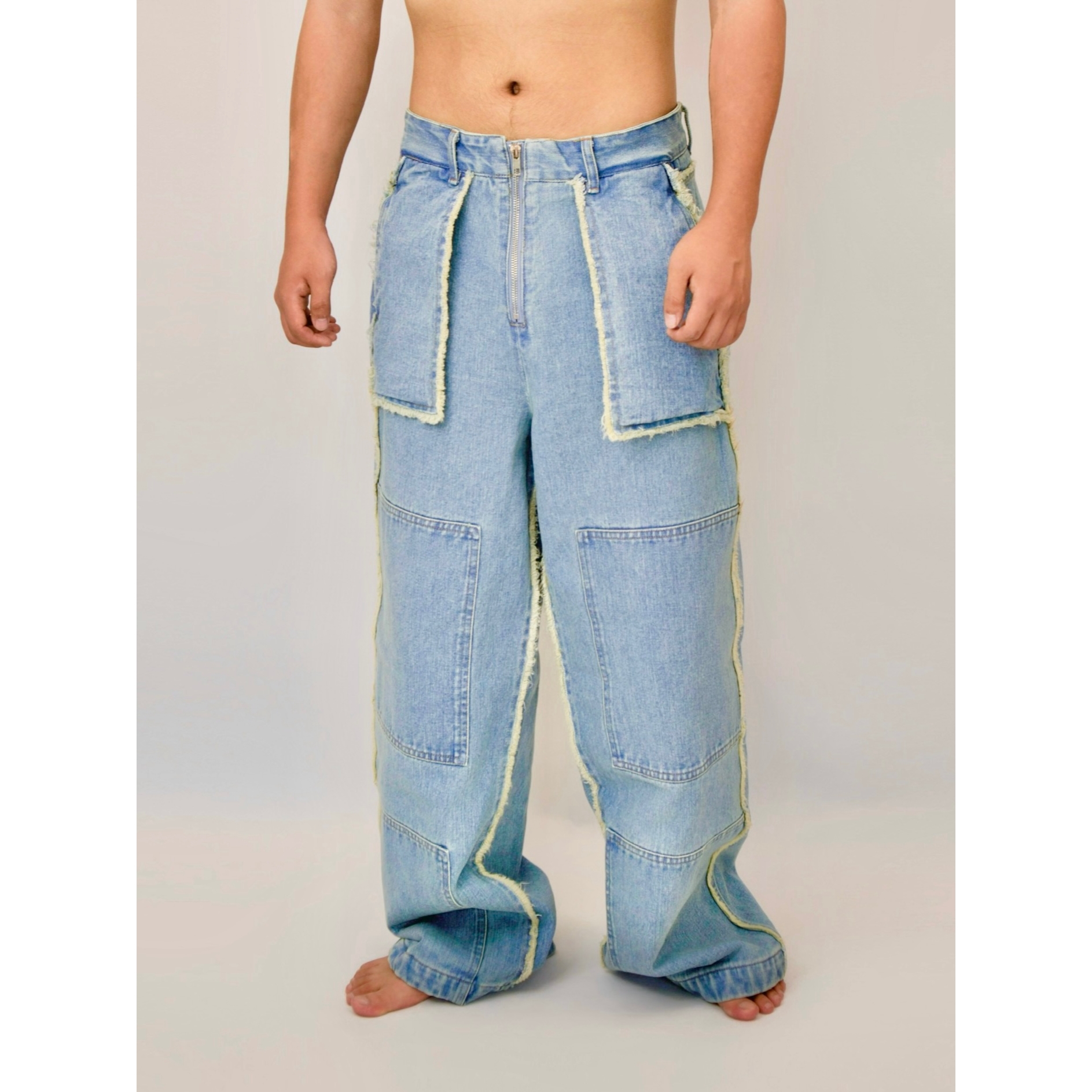 YOWSAH 侧袋外翻复古毛边丹宁直筒牛仔长裤 浅牛仔蓝