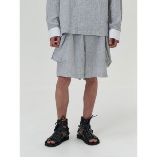 YOWSAH wave系列 法国麻黑白格纹双侧袋松紧腰宽松短裤