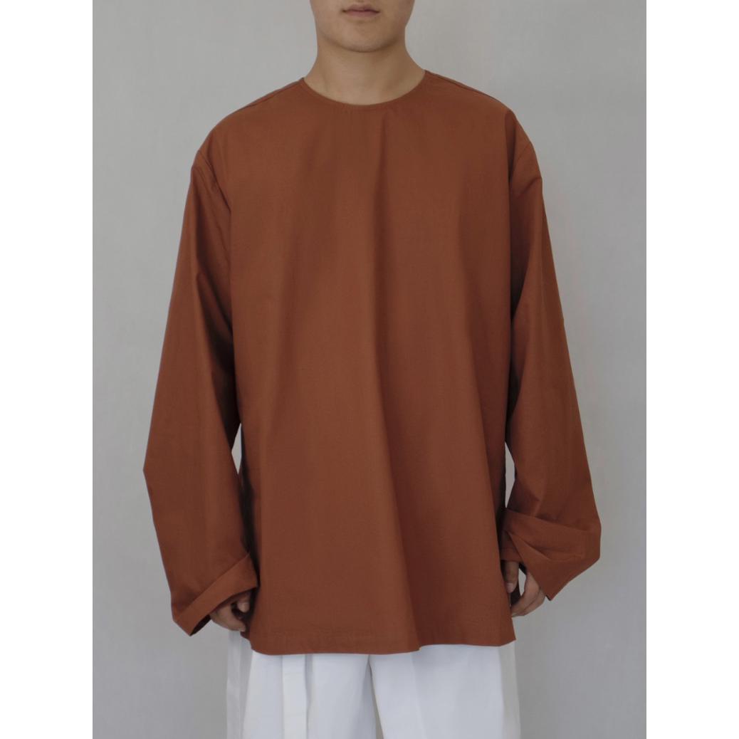 YOWSAH 棕色圆领后领拉链纯棉长袖衬衫 棕色衬衣