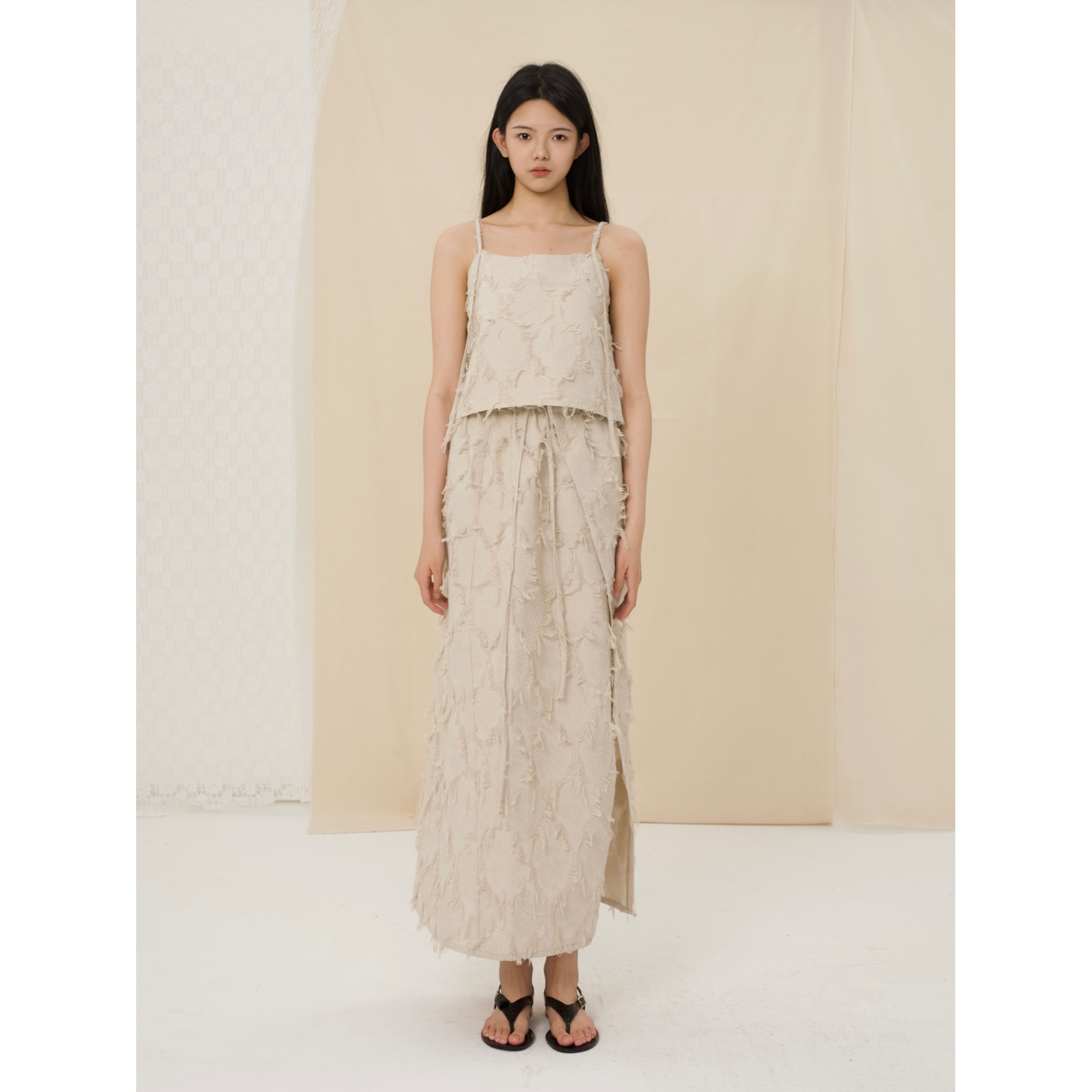 YOWSAH 棉麻起毛手工提花半身裙