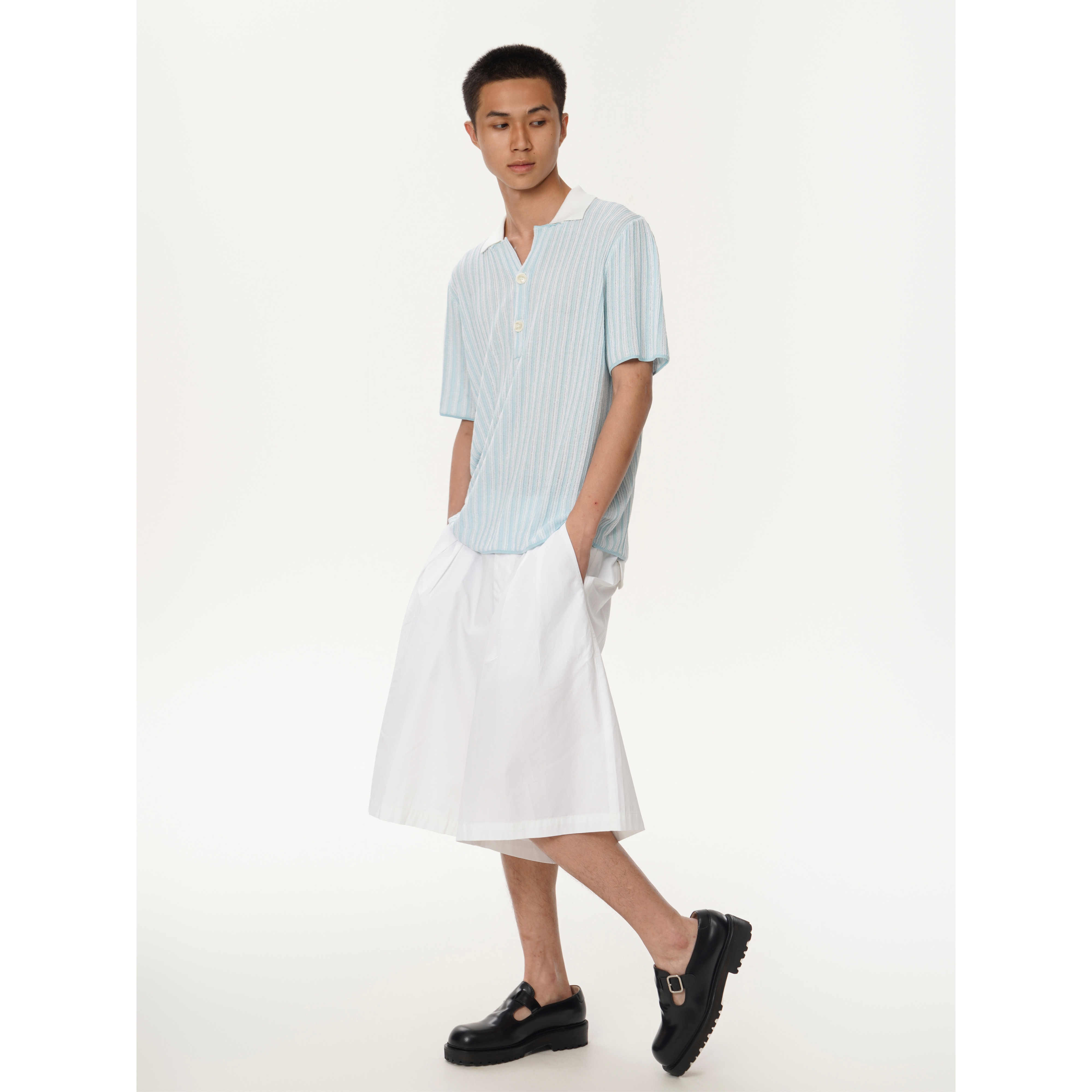 YOWSAH 冰爽丝滑针织蓝白条纹提花polo短袖上衣男女同款