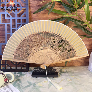 园林题材雕花礼品扇竹制古风折扇精美镂空工艺扇高端苏杭伴手礼物