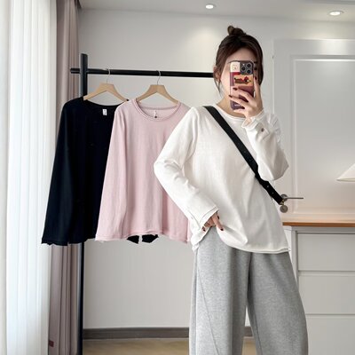 2026春装新款大码女装正肩卷边圆领长袖上衣纯色雪花棉百搭T恤女