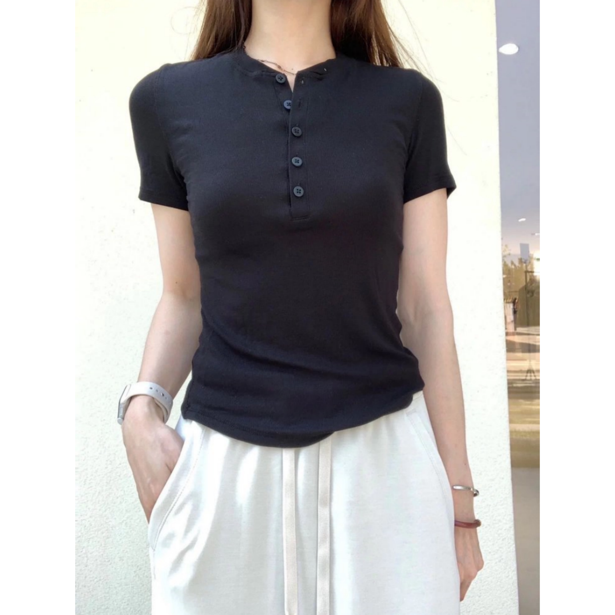 薄款莫代尔短袖亨利衫打底衫健身训练服女款瑜伽t恤修身简约风女