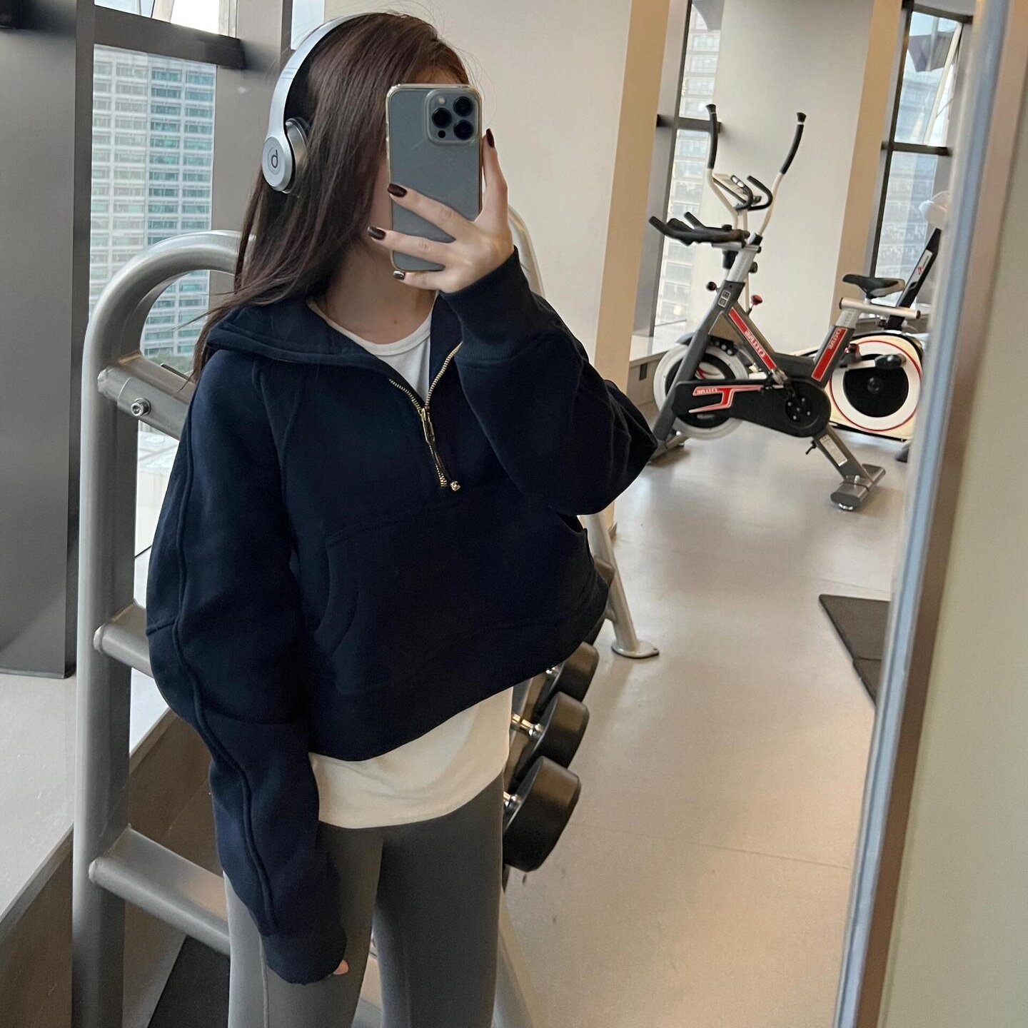 春秋加绒连帽半拉链卫衣外套女