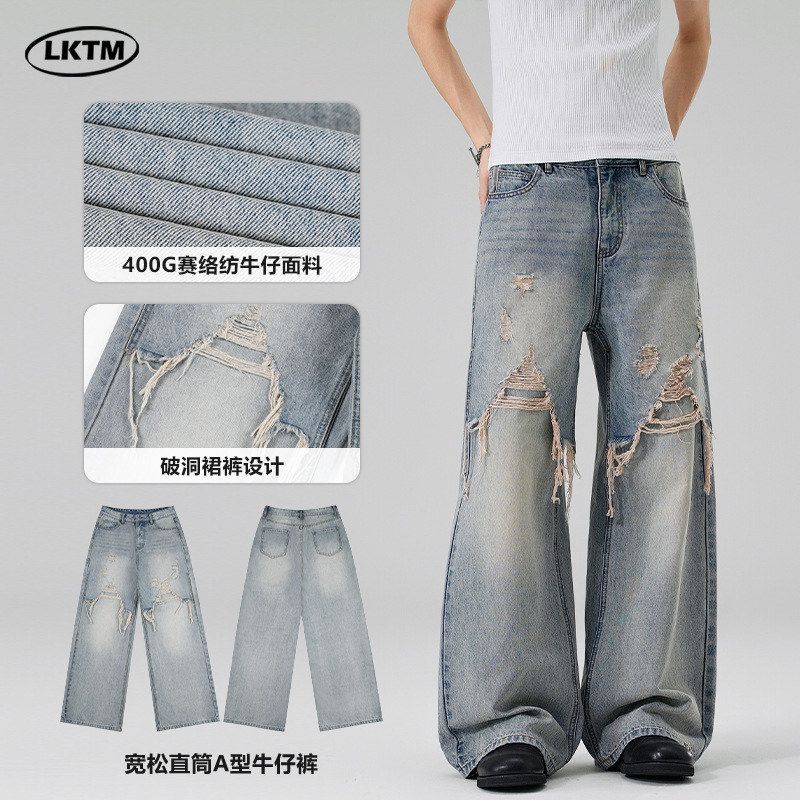 裤片LKTM美式牛仔裤男女破洞假两件男装潮牌 直筒裤拼接毛边宽松
