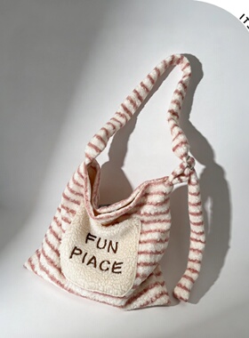 ITSOUMEI秋冬毛茸茸单肩斜挎包圈圈绒托特包女拼接刺绣通勤包条纹