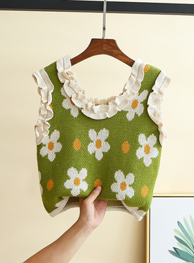 【亏本清仓】童装女童针织双层花朵马甲木耳边坎肩宝宝毛线背心