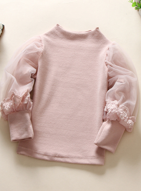 【亏本清仓】童装女童纯棉半高领网纱泡泡袖长袖T恤儿童打底上衣