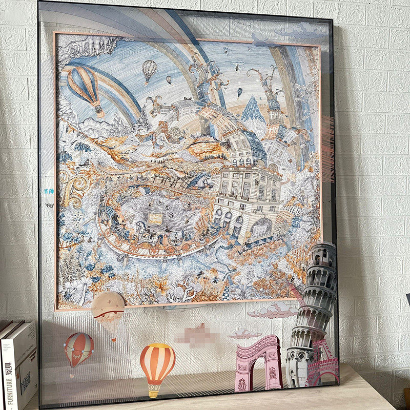 丝巾装饰画轻奢高级简约翱翔90挂画法式大牌斜纹真丝巾亚克力玄关