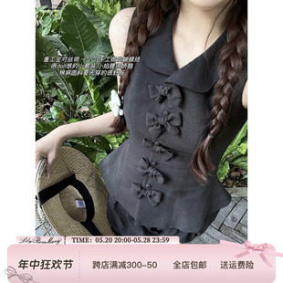 莉莉甜茶 套装 重工艺中古苎麻甜美蝴蝶结背心短裤 Lily Rosemary