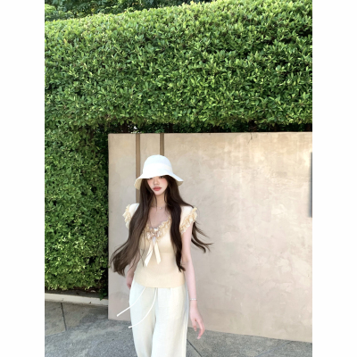 Lily Rosemary/ 柔甜双调 双色蕾丝蝴蝶结可拆针织v领短袖上衣