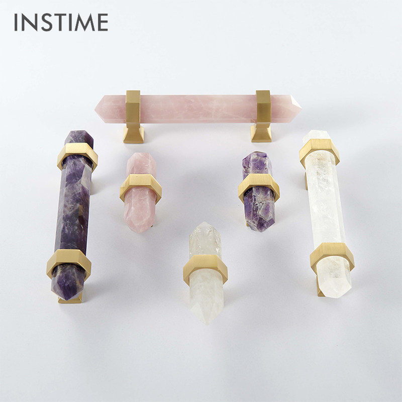 北欧黄铜轻奢现代简约美式天然水晶橱柜门家具抽屉双孔拉手把手