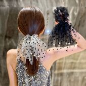 波点流苏头饰珠子网纱发圈百搭款 布艺头绳蕾丝飘带发饰高级感皮筋