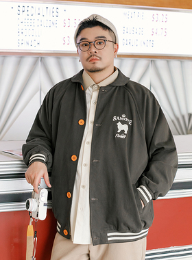 韦恩泽维尔加肥宽松大码翻领插肩袖绣花灰色棒球衫休闲外套男9029