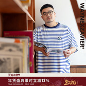 韦恩泽维尔宽松大码 男夏圆领刺绣卡通条纹海军风190g弹力T恤9203