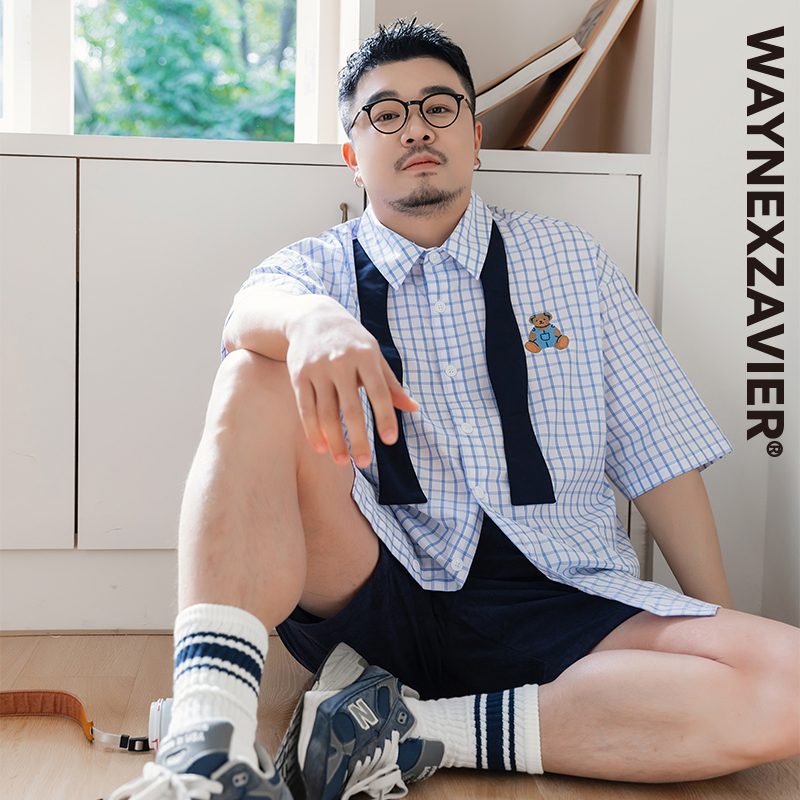 韦恩泽维尔翻领格子短袖衬衫