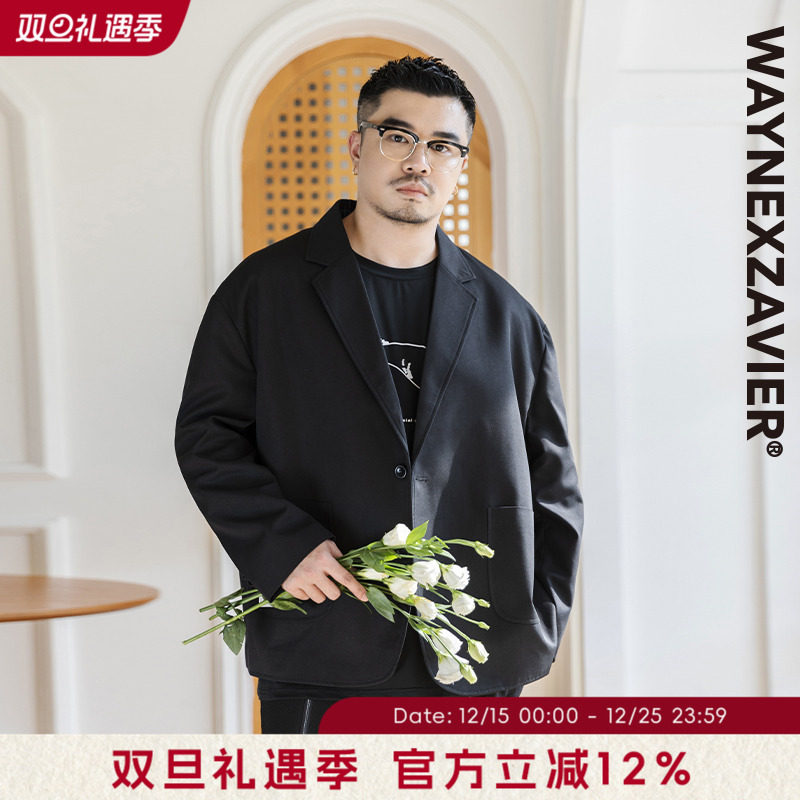 韦恩泽维尔大码商务休闲小西服男士宽松加肥加大黑色西装外套8465