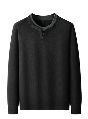 韦恩泽维尔宽松大码潮加肥加大休闲圆领假两件针织衫毛衣男款7553