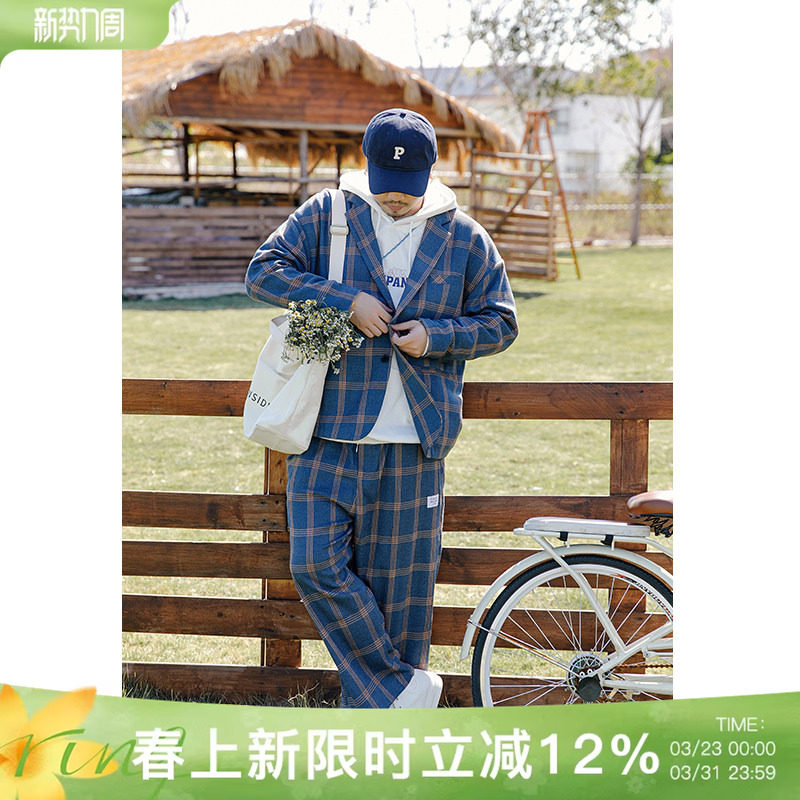 韦恩泽维尔加肥加大码男装单西外套格纹宽松西服休闲西装套装7782