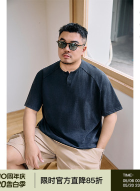 韦恩泽维尔宽松大码男夏亨利一粒扣圆领做旧插肩纯棉休闲T恤2830