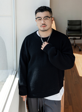 韦恩泽维尔加大宽松大码冬男圆领撞色假两件不规则下摆毛衣9271