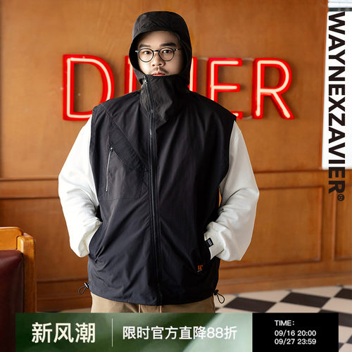 韦恩泽维尔休闲斜门襟连帽马甲