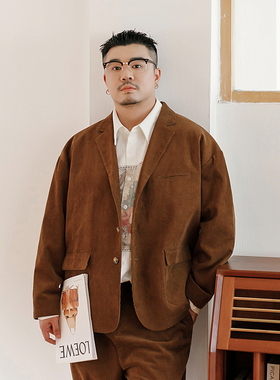 韦恩泽维尔大码纯棉灯芯绒西服男装宽松三排扣休闲长袖西装8951