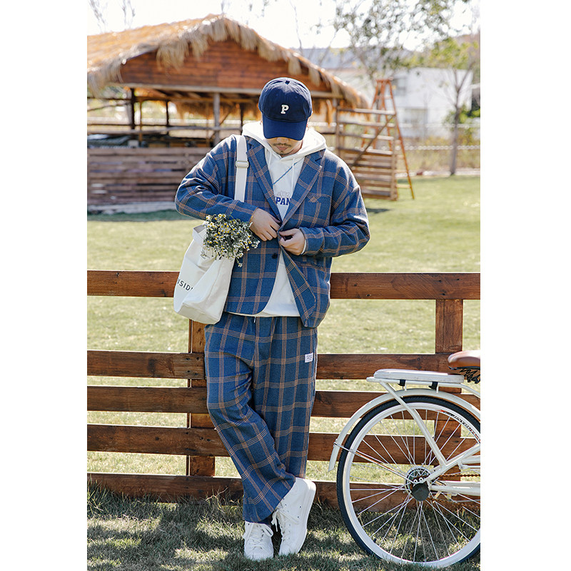 韦恩泽维尔加肥加大码男装单西外套格纹宽松西服休闲西装套装7782