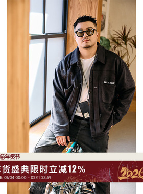 韦恩泽维尔加肥加大宽松大码秋冬男翻领麂皮泼墨涂鸦时尚外套9335