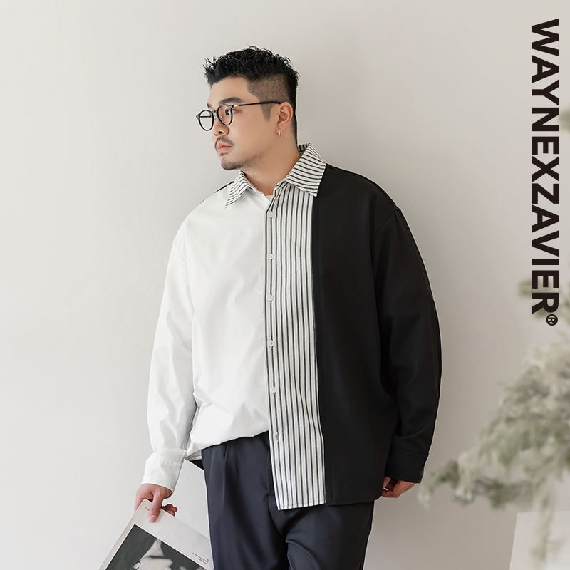 韦恩泽维尔翻领长袖撞色拼接衬衫