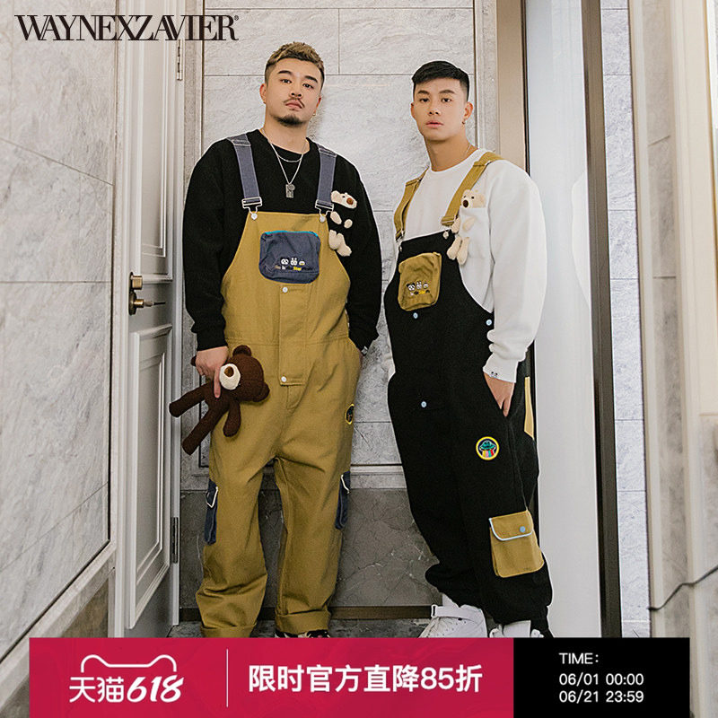 韦恩泽维尔加肥加大卡通休闲大码宽松撞色刺绣背带长裤男学生6718