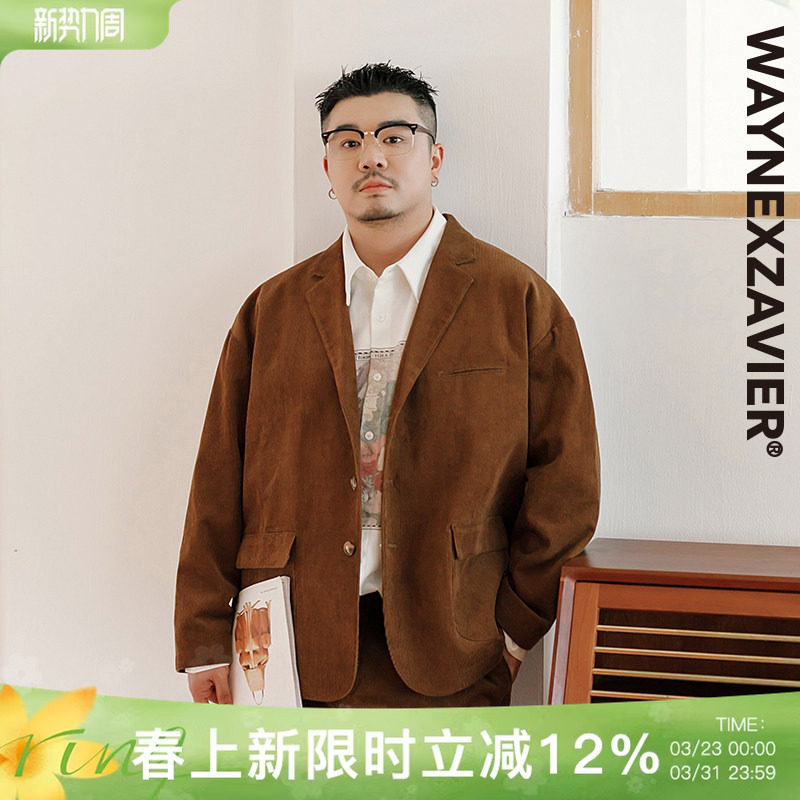 韦恩泽维尔大码纯棉灯芯绒西服男装宽松三排扣休闲长袖西装8951