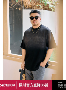 韦恩泽维尔加大宽松大码男夏圆领做旧渐变纯棉休闲打底T恤240B
