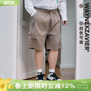 韦恩泽维尔宽松大码 2509 男夏松紧腰复古洗水印花五分薄休闲短裤