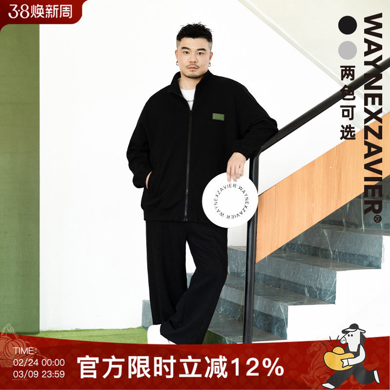 韦恩泽维尔大码华夫格运动套装男女秋季高街休闲立领卫衣外套8419