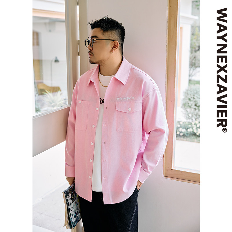 韦恩泽维尔宽松大码男翻领工装胸袋粉色牛津纺显瘦长袖衬衫9374,男装,衬衫,淘宝优惠券,粉丝福利购,淘宝优惠卷